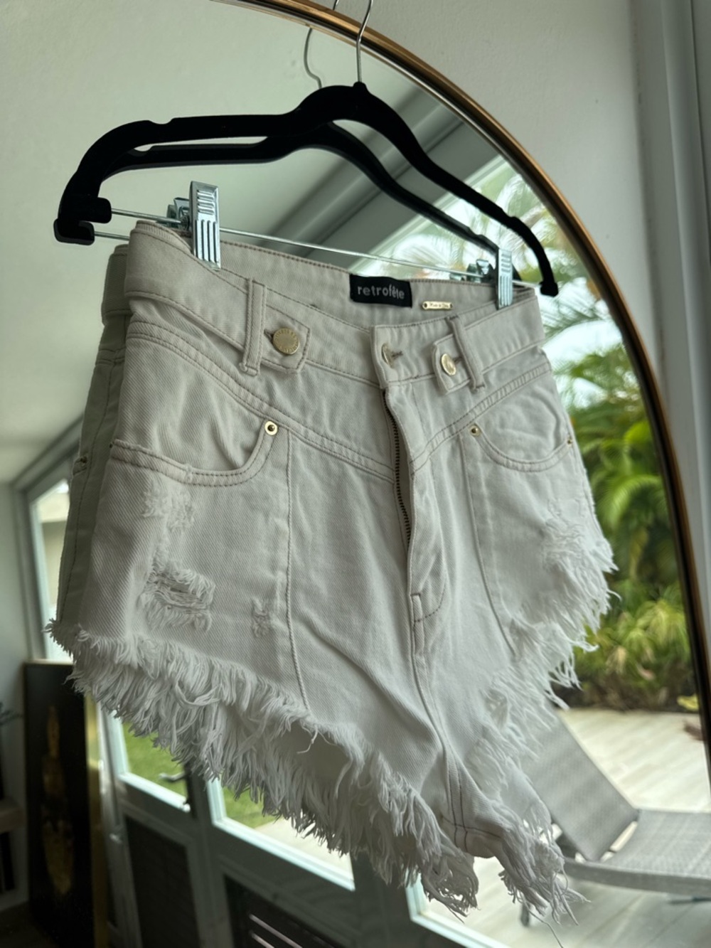 Retrofete High Waist Frayed Denim Shorts in White